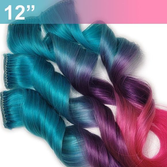 Clip in Double Drawn Remy Human Hair Extensions Light Blue Unicorn Ombre Colored